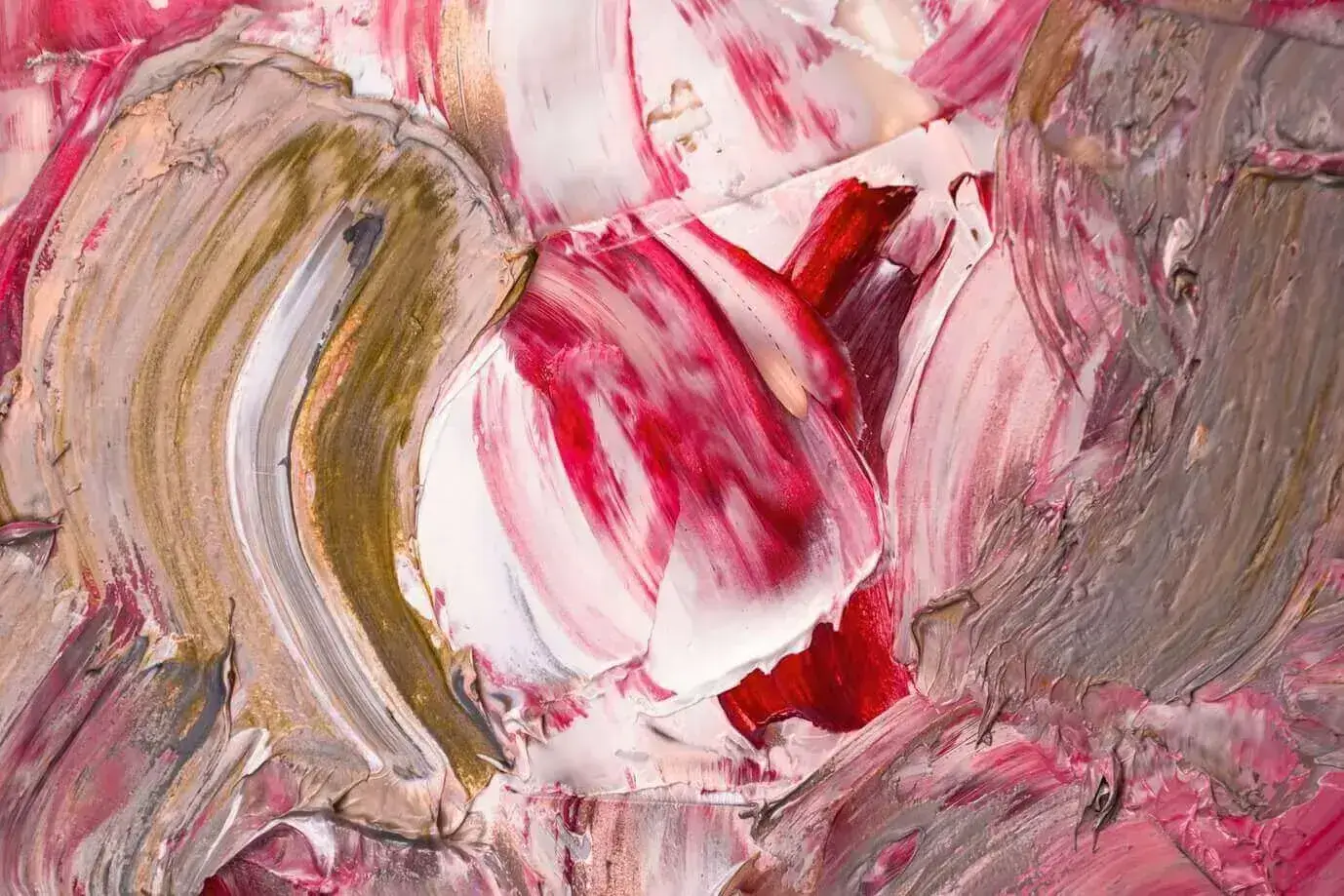 An abstract oil painting with different strokes of pink, white, and brown.